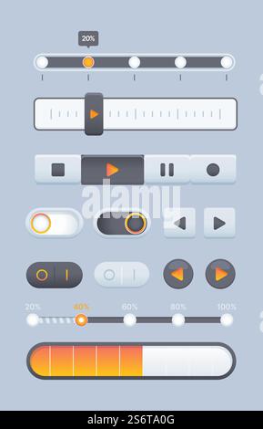 Web sliders. Online pages ui navigation elements buttons dynamic sliders and dividers equalizer garish vector template. Illustration interface website, gui slider, kit ui mockup. Web sliders. Online pages ui navigation elements buttons dynamic sliders and dividers equalizer garish vector template Stock Vector