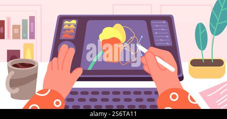 Graphic designer working. Artist animation doing image video motion. Animator work at tablet, creative hands drawing at screen utter vector scene. Illustration of designer animation, artist graphic. Graphic designer working. Artist animation doing image video motion. Animator work at tablet, creative hands drawing at screen utter vector scene Stock Vector