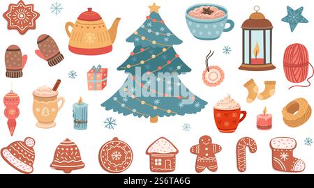 Christmas bundle. Gingerbreads, xmas tree and cozy things. Scandinavian new year decorative elements, coffee and sweets vector set. Illustration of christmas winter holiday elements. Christmas bundle. Gingerbreads, xmas tree and cozy things. Scandinavian new year decorative elements, coffee and sweets vector set Stock Vector