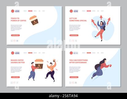 Coffee landing. Natural caffeine stimulation for people hot coffee and tea drinks web pages place for your text garish vector illustrations collect. Coffee drink aroma, caffeine espresso stimulation. Coffee landing. Natural caffeine stimulation for people hot coffee and tea drinks web design pages template with place for your text garish vector illustrations collect Stock Vector