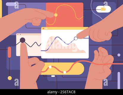 Abstract business digital marketing. Hands manage financial charts, stock indicators processing. Online work management, programming utter vector concept. Illustration of business chart financial. Abstract business digital marketing. Hands manage financial charts, stock indicators processing. Online work management, programming utter vector concept Stock Vector