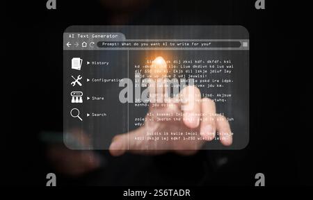 AI text generator concept: a man uses Ai, artificial intelligence, to generate text and assist with writing content Stock Photo