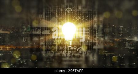 Illuminated or glowing lightbulb, yellow light, on dark background with data  information analysis, representing new ideas, insight, innovation, creat Stock Photo