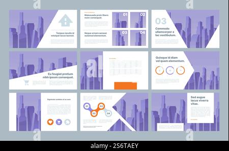 Business presentation ui. Corporate powerpoint business templates web slides with place for text and frames design layout garish vector collection set. Urban brochure information, business corporate. Business presentation ui. Corporate powerpoint business templates web slides with place for text and frames design layout garish vector collection set Stock Vector