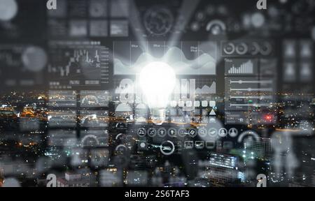 Illuminated or glowing lightbulb, white light, on dark background with data  information analysis, representing new ideas, insight, innovation, creati Stock Photo