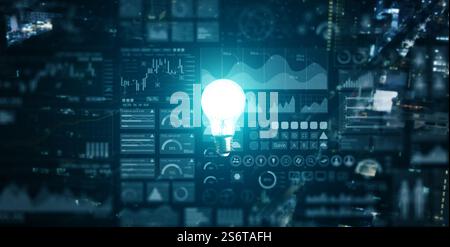 Illuminated or glowing lightbulb, blue light, on dark background with data  information analysis, representing new ideas, insight, innovation, creativ Stock Photo