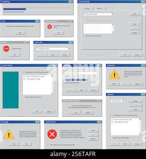 Vintage computer windows. Desktop interface retro user frames pop up boxes internet explorer blank windows garish vector templates set. Illustration old system frame, box interface message. Vintage computer windows. Desktop interface retro user frames pop up boxes internet explorer blank windows garish vector templates set Stock Vector