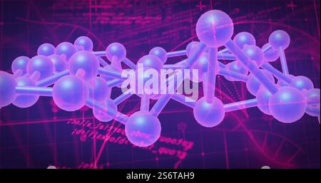 Image of network of connections with molecules over data processing on black background Stock Photo