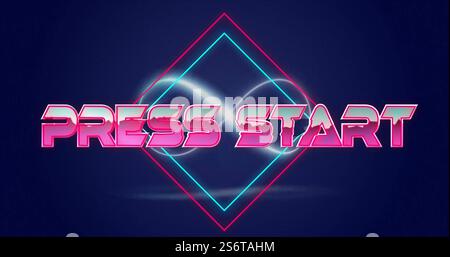 Press Start text with neon geometric shapes on dark blue background, image Stock Photo