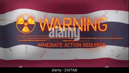 Warning and immediate action required image over waving flag background Stock Photo