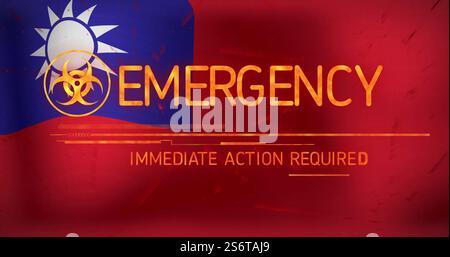 Emergency immediate action required image over red background with biohazard symbol Stock Photo
