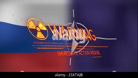 Warning and immediate action required image over Russian flag and radiation symbol Stock Photo