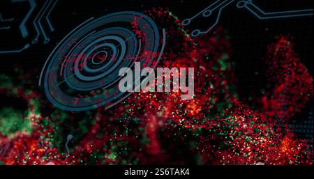 Digital circuit and radar image over colorful particle explosion Stock Photo