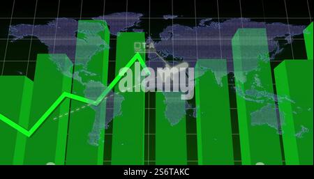 Green bar and line graph image over world map with grid background Stock Photo