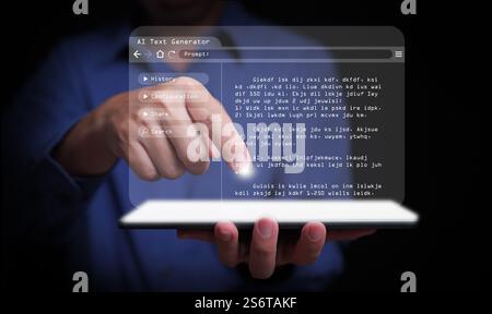 AI text generator concept: a man uses Ai, artificial intelligence, on his tablet to generate text and assist with writing content Stock Photo