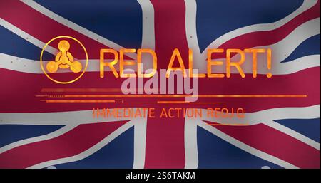 Red Alert! Immediate action required image over United Kingdom flag background Stock Photo