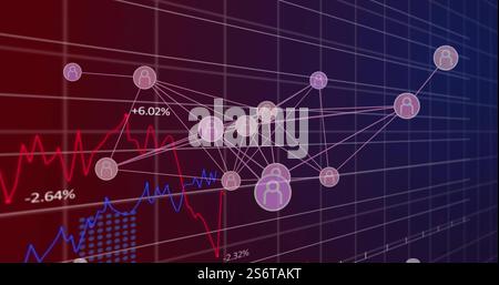 Network of connections and financial data image over graph with red and blue lines Stock Photo