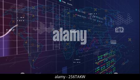 Global data visualization and analytics image over world map and graphs Stock Photo