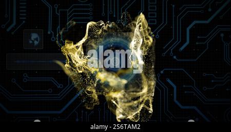 Digital circuit board background with swirling golden particles and central blue target image Stock Photo