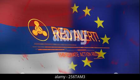 Red Alert! Immediate Action Required image over flags of Serbia and European Union Stock Photo
