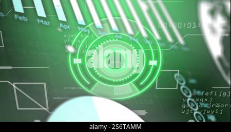 Futuristic green digital interface with rotating elements and data processing image Stock Photo