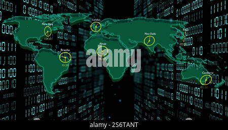 World map with city times image over binary code background Stock Photo