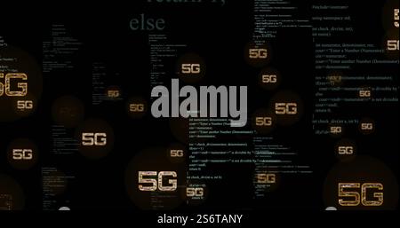 5G text image over programming code on black background Stock Photo