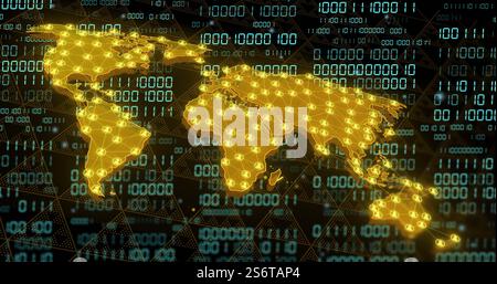 World map with network connections over binary code image Stock Photo