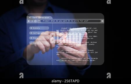 AI text generator concept: a man uses Ai, artificial intelligence, on his smartphone to generate text and assist with writing content Stock Photo