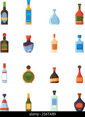 Alcoholic bottles. Restaurant bar alcoholic drinks plastic and glass bottles with labels vodka rum tonic liqueur tequila garish vector pictures set. Bar alcohol, wine and champagne, beer and vodka. Alcoholic bottles. Restaurant bar alcoholic drinks plastic and glass bottles with labels vodka rum tonic liqueur tequila garish vector pictures set Stock Vector