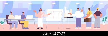 Architect meeting. Engineers in office, construction workers discuss working plan. Flat planning, team generating ideas vector illustration. Project office meeting, architect teamwork engineering. Architect meeting. Engineers in office, construction workers discuss working plan. Flat planning, team generating ideas utter vector illustration Stock Vector