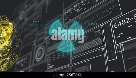 Radiation hazard symbol and numerical data processing image over digital interface Stock Photo