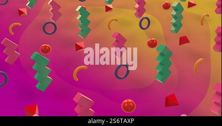 Colorful geometric shapes floating, 3D image over gradient background Stock Photo