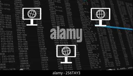 Computer network icons image over data processing screen with code Stock Photo