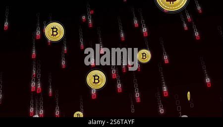 Bitcoin symbols and binary code image over dark background Stock Photo