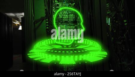 Binary code and human head hologram image over server room background Stock Photo