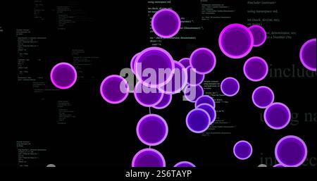 Network of user icons connected by lines over programming code image Stock Photo