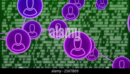 Network of connected user icons image over binary code background Stock Photo