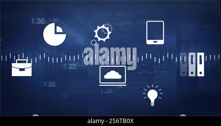 Business icons including pie chart, gears, and light bulb over timeline image Stock Photo