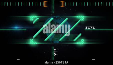 Glowing green bars and numbers image over rotating globe in dark background Stock Photo