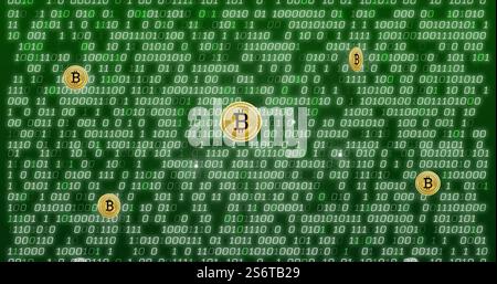 Bitcoin symbols over binary code image on green background Stock Photo