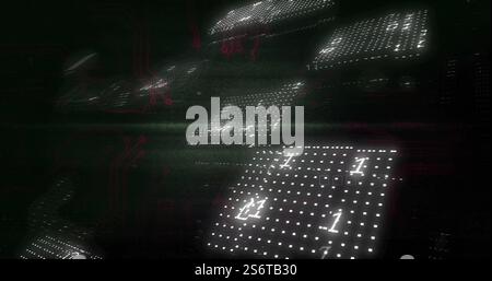 Binary code and circuit board image over dark background Stock Photo