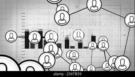 Network of user icons and data charts image over financial graphs Stock Photo