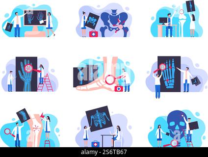 Orthopedic diagnostic. Human anatomy xray medical problems visualization doctors and patients bones and skeleton recent vector characters. Illustration medical anatomy, health orthopedic. Orthopedic diagnostic. Human anatomy xray medical problems visualization doctors and patients bones and skeleton recent vector characters Stock Vector