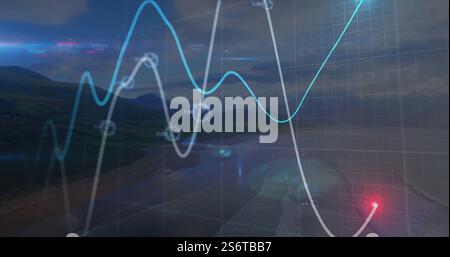 Graph with fluctuating lines and data points image over coastal landscape Stock Photo