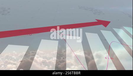 Red arrow and line graph image over clouds and bar chart Stock Photo