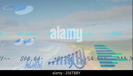 Financial data and statistics image over coastal landscape Stock Photo