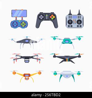 Drones. Aircraft smart delivery services flying outdoor remote control drones garish vector flat illustrations. Aerial drone and innovation helicopter. Drones. Aircraft smart delivery services flying outdoor remote control drones garish vector flat illustrations Stock Vector