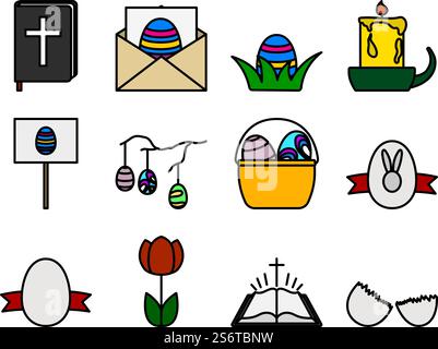 Easter Icon Set. Editable Bold Outline With Color Fill Design. Vector Illustration. Stock Vector