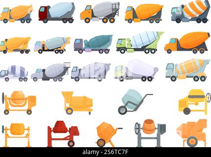 Concrete mixer icons set cartoon vector. Cement truck. Auto blender. Concrete mixer icons set cartoon vector. Cement truck Stock Vector
